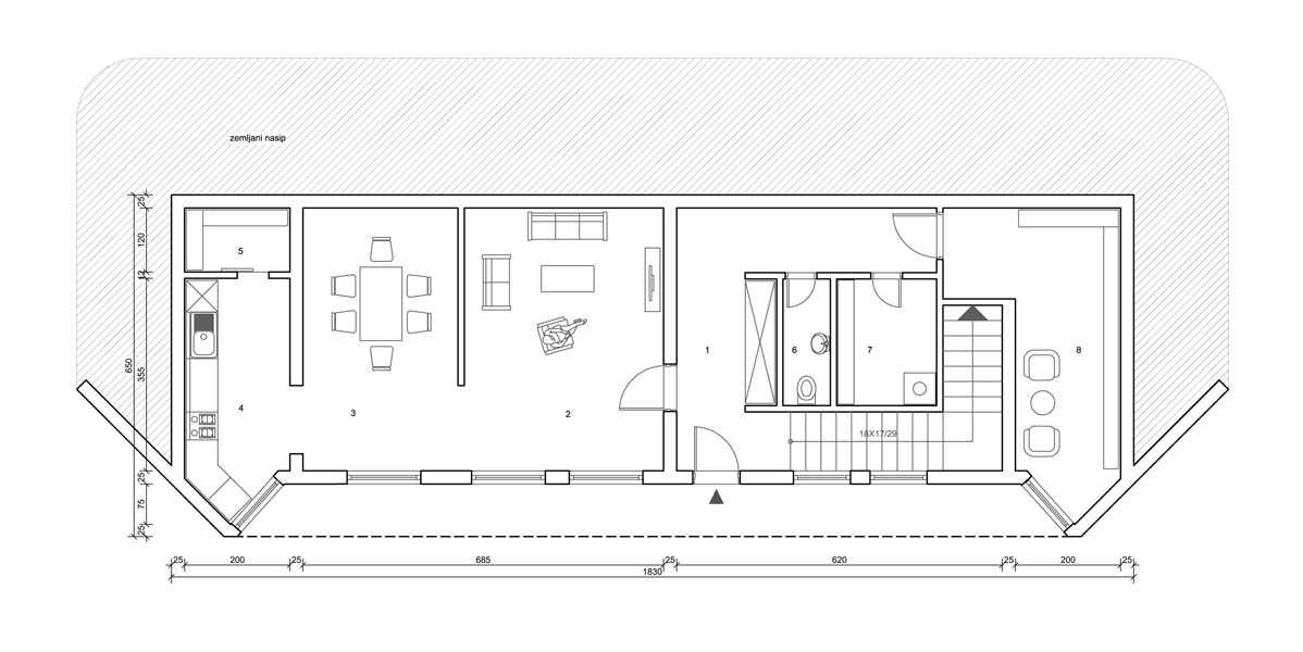 Osnova spratnog stambenog objekta - 145m2 - prizemlje - učitavanje...